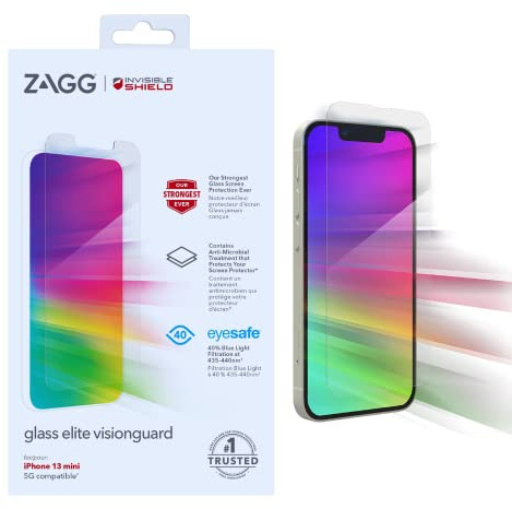 ZAGG InvisibleShield Glass Elite VisionGuard for Apple iPhone 13 mini (Screen)- Anti-microbial, Impact Protection, Scratch Resistant, Blue-Light Filter
