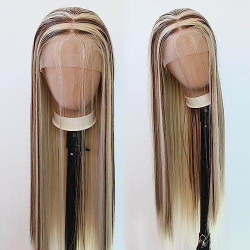 Towarm Balayage peruk blond # 613 markering brun lång rak syntetisk spets framsida peruker för svarta kvinnor #613/#8 mittdel 33 x 7,6 cm naturligt hårfäste cosplay vardagskläder (#613 Highlight #8)