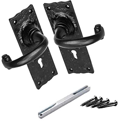 SISI UK Pair of Black Antique Cottage Handle Lever Locks Hammered Victorian Lever Lock Door Handles Keyholes ON Back Plate with Spindle and Fixing Screws.