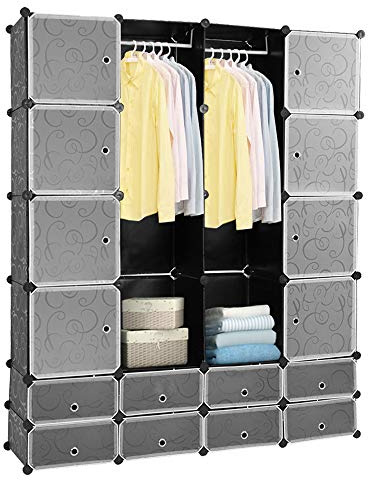 Tubiaz Garderobe 16 Würfel DIY Regalsystem Kleiderschrank mit Tür mit Hammer Schuhablagen aus PP-Kunststoff Mit 2 Kleiderstange für hängende Kleidung 180 x 142 x 37 cm schwarz
