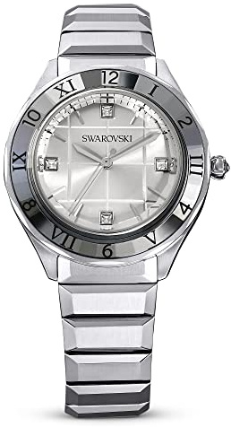 Swarovski Dextera Uhr, Edelstahl Damenuhr mit Silberfarbenem Gehäuse und Zifferblatt, Swarovski Kristallen und Metallarmband