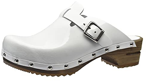 Sanita Krisla offener Clog | Original handgemacht | Leder-Holzclogs für Damen | Nachhaltige Sohle | Weiß | 38 EU