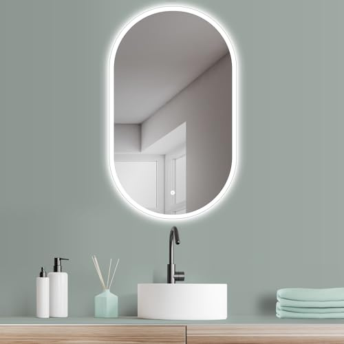 HOKO LED Spiegel oval 50 x 90 cm. HOCH + QUER Montage. Badezimmer Spiegel aussen LED beleuchtet, ideal als Schminktisch Spiegel. + Touch Schalter + LED Licht Wechsel - Warmweiß - Kaltweiß - Neutral