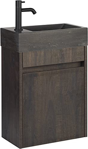 Saqu Florence Gäste WC Waschbecken mit Unterschrank Vormontiert - in Schlossbraun mit Natursteinwaschbecken Links - Kleines Gäste WC Bad Möbel mit Waschtisch