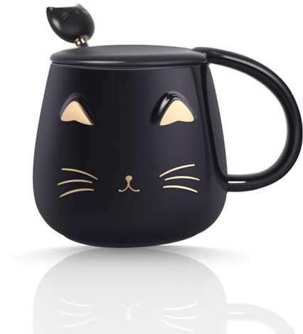 Eidoct Cute Cat Mugs Coffee Mug Set with lid and Lovely Kitty Spoon Novelty Morning Tea Milk Mug Set for Cat Lovers Girls Women Christmas Birthday Gift 450ML/15oz (Black)
