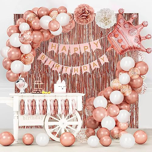 Geburtstagsdeko, Party Deko für Frauen Mädchen, Luftballons Geburtstag Dekoration Set mit Happy Birthday Girlande, Geburtstag Hintergrund Tassel, Konfetti Ballons, Rose Gold