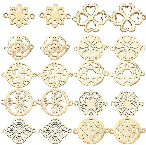 SUNNYCLUE 1 Scatola 10 Ciondoli Connettore Fiore Stile Oro Albero Della Vita Connettori Charm Trifoglio Cavo Fortunato Collegamento In Acciaio Inossidabile Collega Il Fascino per Gioielli Creazione di