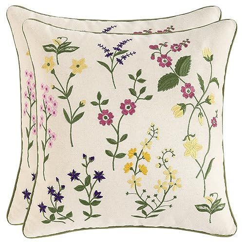 Tosleo Fundas de almohada decorativas de 18 x 18 pulgadas, paquete de 2 fundas de almohada bordadas con flores pequeñas con hojas verdes, fundas de almohada de primavera para decoración del hogar,