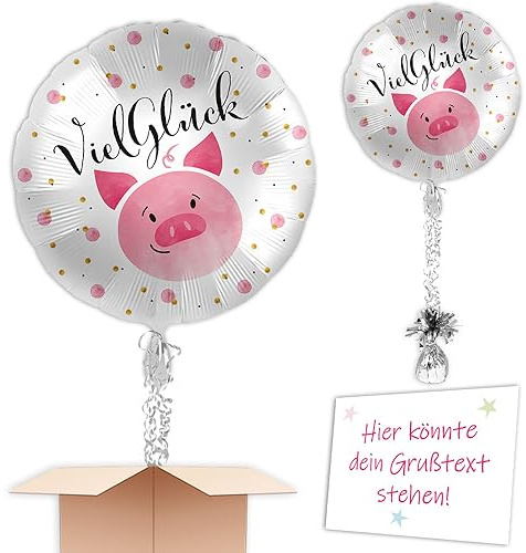 Viel Glück wünschen mit Heliumballon inkl. Heliumfüllung Schmuckband u. Gewicht Motiv: Rosa Glücksschweinchen zum verschenken oder versenden an eine andere Lieferadresse - Mit Karte