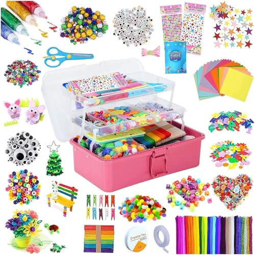 zycBernoi 2100+ Bastelset Kinder, Basteln Kinder Mädchen Jungen, Pfeifenreiniger Bunt Bastelkoffer Kinder, DIY Set für Kinder Zum Basteln und Dekorieren (Rosa)