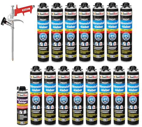 Isolbau B2 Dämmstoffkleber SET - 15 x 750 ml Perimeterkleber, 1 x PU-Schaum-Reiniger & 1x Schaumpistole für EPS & XPS-Platten - 1K PU-Klebeschaum für Fixieren & Befestigen