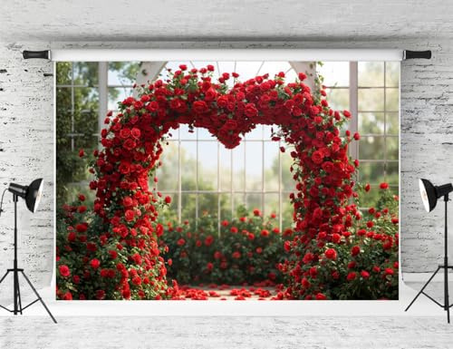 Kate 2.2x1.5m Toile de Fond Saint Valentin Etagère en Forme de Coeur avec Rose Fond Photographique Arche de Mariage en Extérieur Toile de Fond