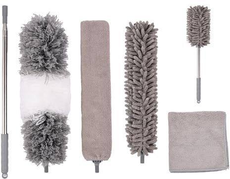 6 Stücke Staubwedel Teleskop Waschbar,Staubbesen Mikrofaser Bis 210cm Länge,Staubbesen mit Verbiegbare Eckbesen fürReinigen Decken,Lücken,Decke Deckenventilator Spinnweben und Kronleuchter (Grau Weiß)