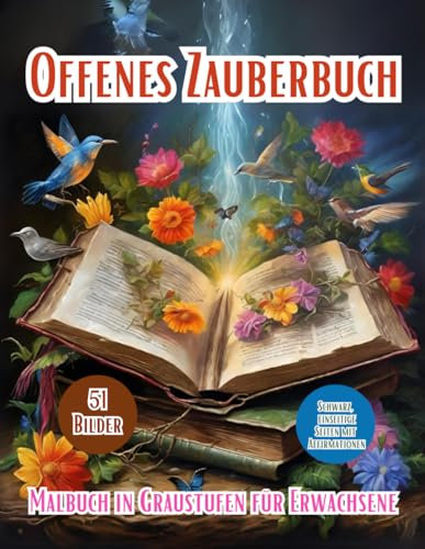 Offenes Zauberbuch Graustufen-Malbuch für Erwachsene: Entdecken Sie Die zauberhafte Welt Der Magie Und Des Geheimnisses Mit Mythischen Kreaturen, ... Positive Affirmationen, Ideale Geschenke
