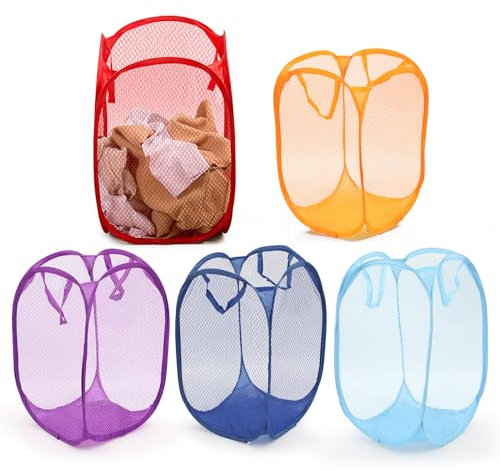 5Pcs Wäschekorb aus Netzstoff, Pop Up Wäschekörbe mit Griffen,Faltbarer Laundry Baskets Wäschetonne Wäschekorb für Kleidung Spielzeug Wäsche Organizer Aufbewahrungskorb 50 x 30 x 30 cm