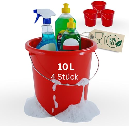 Novaliv 4 Stück Eimer 10L Rot mit Maßeinteilung - Putzeimer 10 Liter ? 28,5 cm Praktischer Allrounder mit Skala für Haushalt & Garten ideal als Haushaltseimer, Wassereimer, Wischeimer, Bucket