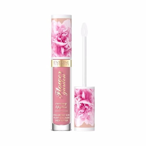 Eveline Cosmetics Flower Garden Cremiger Lipgloss Nr. 01 - Nährender veganer Lipgloss mit Hyaluronsäure, Pflanzenkollagen & Pfingstrosenextrakt für hydratisierte & glatte Lippen, 4.5 ML