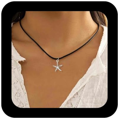 Enautoabs Collier Tour De Cou En Cuir Noir Boho Collier Pendentif Étoile De Mer Argenté Collier Coquillage Conque Collier Étoile De Mer De Plage Collier Étoile De Mer Bijoux Pour Femmes