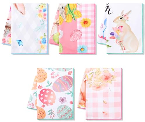 Autilify Küchentücher Landhausstil 5er Set, Hasen & Blumen Geschirrtücher, Saugfähige Polyester Abtrockentücher für Küche, Backen & Deko, 55 x 40 cm