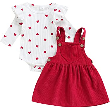 Qianderer My First Valentine's Day Baby Girl Outfit Ruffle Long Sleeve Romper Overall Suspender Skirt Cute Newborn Clothes (Ba Red 1, 0-3 Months)