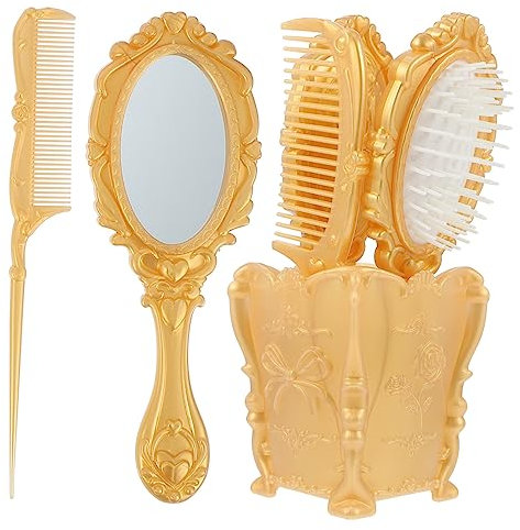 FRCOLOR 5 Stück Haarbürsten Und Kamm Mit Spiegel Und Aufbewahrungshalter Schmerzfreie Borsten Passend Für Haartypen Kosmetik Und Stifthalter Für Damen Und Herren