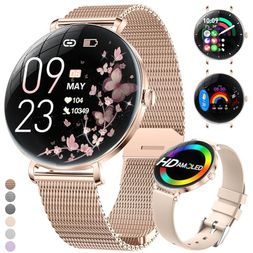 LIGE 2025 Smartwatch Damen, 1,43 HD AMOLED Kreisbogen Display Roségold Armbanduhr für Frauen mit Schrittzähler, Telefonfunktion, IP68 Wasserdicht 120+ Sportmodi Sportuhr für Andriod iOS, 2 Armbändern