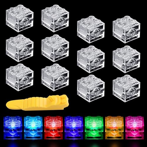12 Piezas Bloques de Construcción Luminosos LED, 2x2cm Cuadrados Transp | Ladrillos Luminosos, Lámpara con iniciador, Juego de Componentes de Construcción Compatible con las principales marcas