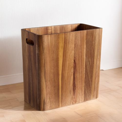 TREELF 10L Holz-Abfallkörbe, Massivholz-Akazien-Abfallkorb mit Griffen, Rechteckiger Mülleimer, Abfallbehälter für Schlafzimmer, Badezimmer, Küche, Wohnzimmer und Büro – Dekoratives Wohnaccessoire