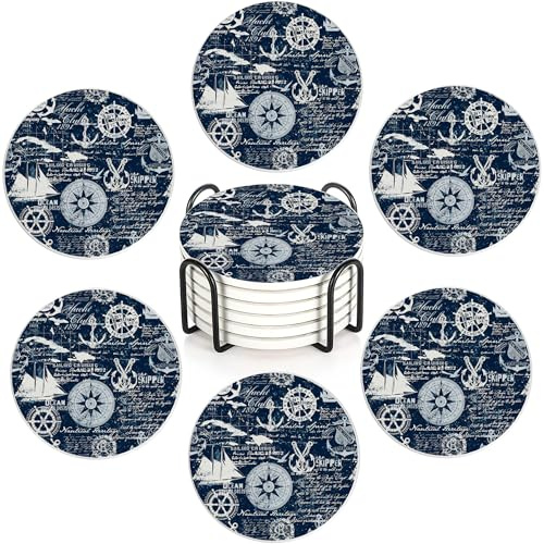 Anchor Navy Blue Set of 6 Absorbent Ceramic Coasters with Cork Base & Holder,10cm Round Drink Mats for Mugs, Wine Glasses - Spill Protection for Wood/Glass Tables