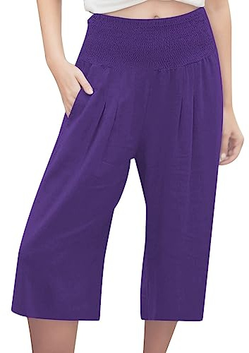 Pantalon Fluide Femme Taille Elastique Été Coton Lin 7/8 Blanc Jupe Culotte Décontractée Pantacourt Solide Couleur Léger Sport Longueur Pants avec Poches D'été en Bermuda Ensemble