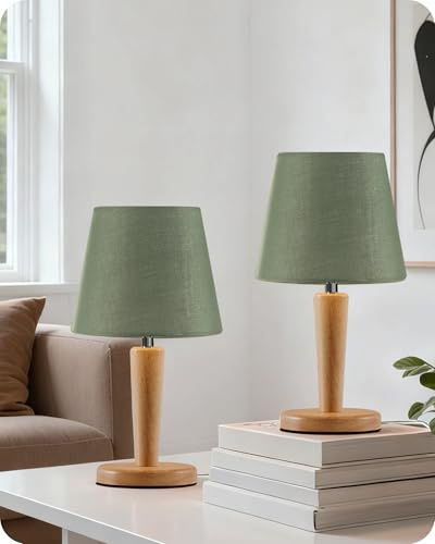 GOEBLESON Small Bedside Table Lamps Set of 2, Wood Base, Sage Green Linen | E27 LED Bulb Included, 3 Color Temperatures, Memory Function, Cute Little Desk Lamp for Bedroom, Living Room, Nightstand