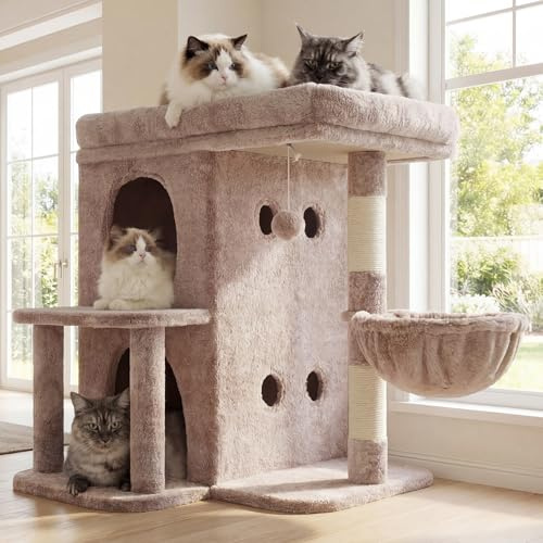 Heybly Kattklätterträd, 65 cm Högt, med en Extra Stor Översta Plattform, Kattmöbler i Flera Nivåer inklusive en Tvåvånings Kattbädd, Sisalklösstolpe, Kattkorg och Kattleksak, Brun Beige HCT204SMU
