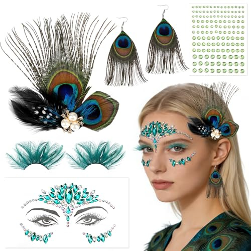 5 Stück Karneval Pfau Kopfschmuck Damen,Pfau Kostüm Damen,Pfauenfedern Haarschmuck Wimpern Ohrringe Glitzersteine Gesicht,Karneval Cosplay Kostümfeste Accessoires