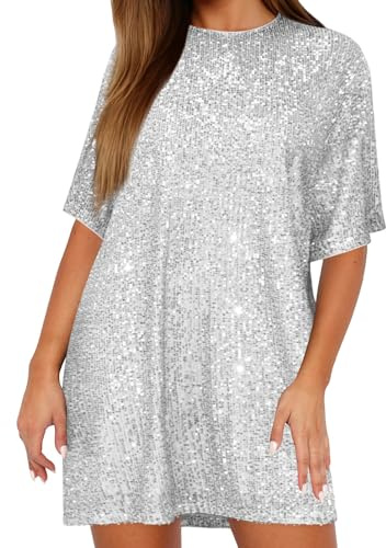 Damen Pailletten Kleid Glitzer T-Shirt Kleid, Sparkle Minikleid Kurzarm Lockerer Schnitt, Elegant Party Tunika Longshirt für Karneval Silvester Disco Clubwear