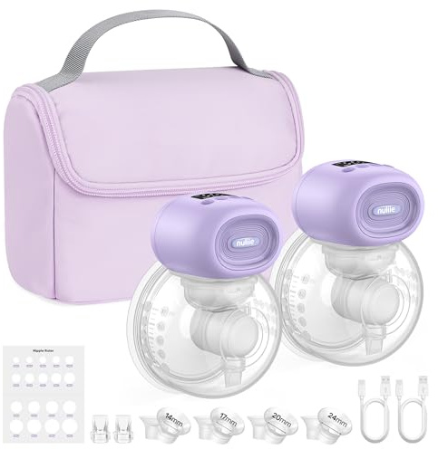 Nuliie Wearable Breast Pump Electrical with Storage Bag, LED Display, 4 Modes and 12 Suction Levels, Portable Hands Free Breast Pump with 14/17/20/24/27mm Flange (2 Packs, Purple)