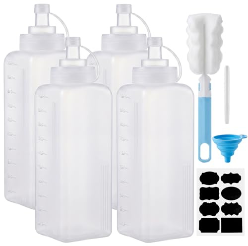 Happybase 1000ml Squeeze Bottles with Caps, 4 Pack 32oz | Plastic Squeezy Sauce Bottles, With Measurements, For Ketchup, BBQ, Sauces, Syrup, Dressings