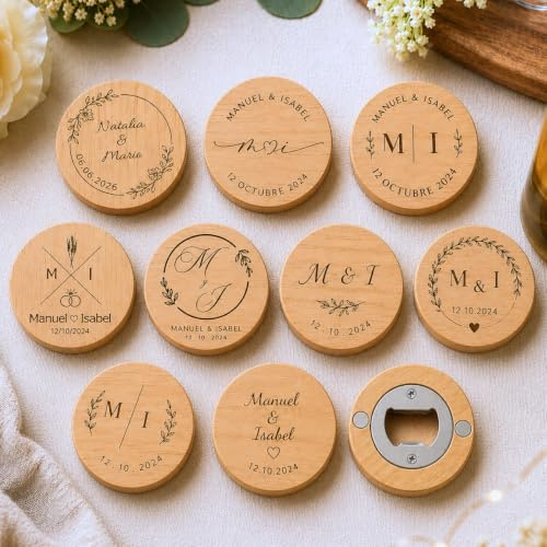 Amaisso® Abridores Personalizados con Iman Pack 10 Uds - Regalos Invitados Boda Originales - Detalles Comunion para Invitados, Bautizo | Abridor Personalizado de Madera