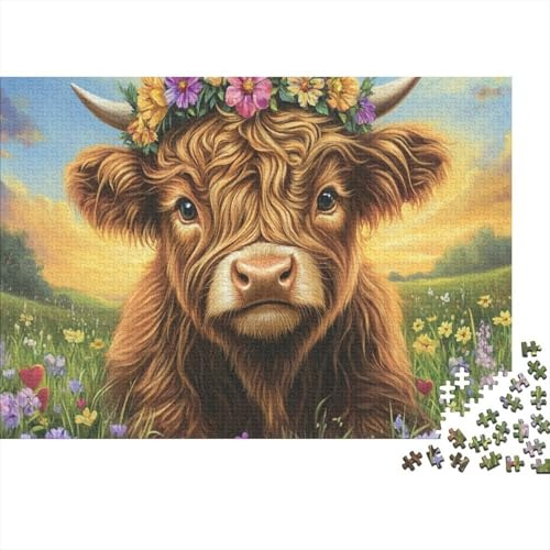 Mucca Highland Puzzle 1000 Pezzi Carta per Adulti Prato Fiorito Gioco di Puzzle 1000 Pezzi Relax Famiglia Decorazione Regalo 52x38cm/1000pcs