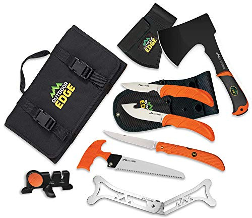 OUTDOOR EDGE Outfitter, 9-Piece Field to Freezer Hunting & Deer Butcher Knife Set with Caping Knife, Gut Hook Knife, Boning Fillet Knife, Knife Sharpener, Axe, Wood Bone Saw, Spreader, Cleaning Gloves
