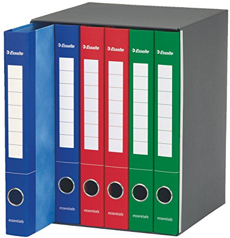 Esselte ESSENTIALS, 6 Raccoglitori 2 anelli tondi con etichetta, Raccogli documenti A4 con lembo di chiusura aggiuntivo, Foro di presa, 25 x 33 cm, Dorso 4 cm, Assortito Blu Rosso Verde, 391965000
