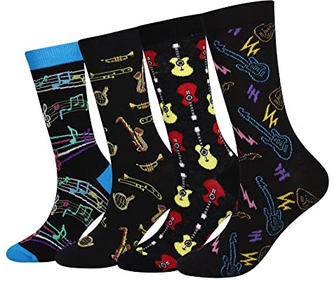 Cansok Lot de 4 paires de chaussettes fantaisie pour Homme Motif saxophone la musique guitare
