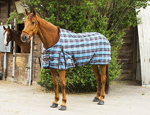 EQUI-THÈME „Montana“ Stalldecke, hellblau, Karo braun/rot, Rückenlänge 115 cm (Gesamtlänge 160 cm)