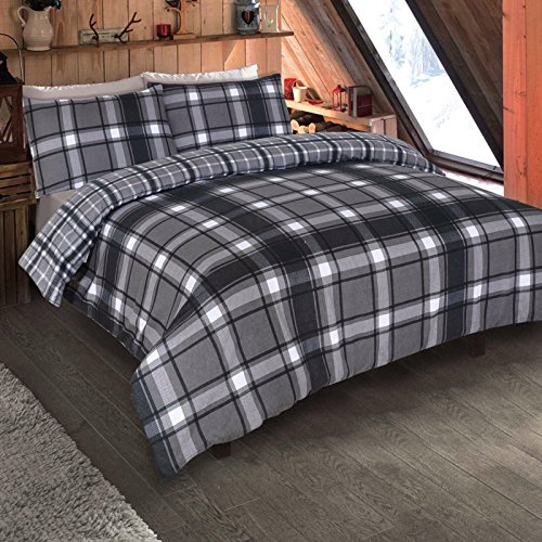 Dreamscene Double Duvet Cover Set 100% Brushed Cotton, Super Soft Warm Grey Aspen Check Bedding Reversible Tartan Flannelette Thermal Quilt Double Duvet Set with Pillowcases