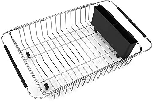 iPEGTOP Expandable Dish Drying Rack, Over the Sink Dish Rack, In Sink Or On Counter Dish Drainer with Black Utensil Holder Cutlery Tray, Rustproof Stainless Steel for Kitchen