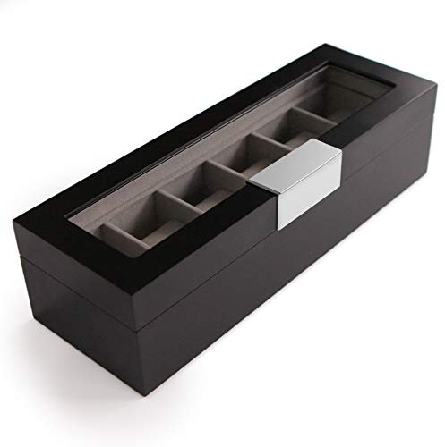 CASE ELEGANCE Collection Edle Uhrenbox aus Holz für 6 Uhren mit Vitrine - Schwarz (Metallclip) (Metallclip)