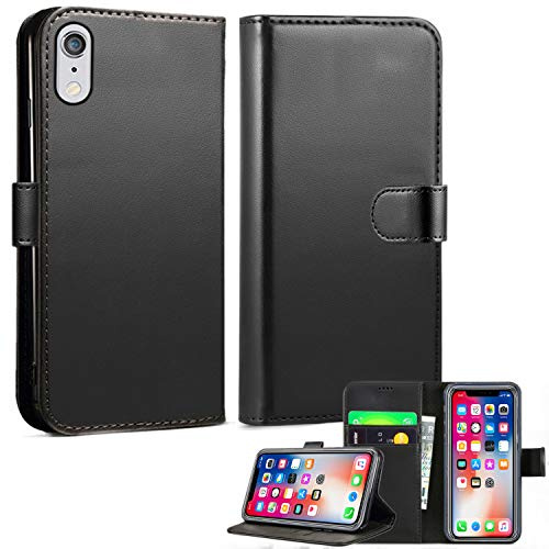 iPhone XR Leather Wallet Case - Folio Flip Book Cover with Magnetic Clasp Closure - Adjustable Viewing Stand (iPhone XR, Black)