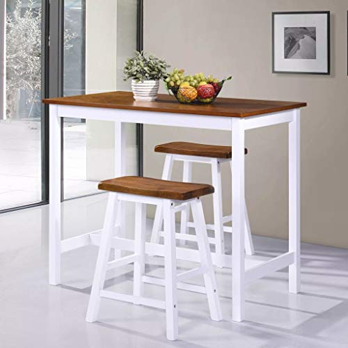 Festnight Bartisch Set mit 2 Hocker Massivholz | Sitzgruppe Balkonset Essgruppe Küche Esszimmer Bar Braun und Wei?