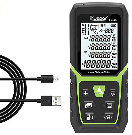 Huepar Laser Distance Measure 165Ft with Li-ion Battery & Electric Angle Sensor, Backlit LCD Laser Measure Ft/in/M with High Accuracy Multi-Measurement Modes, Pythagorean, Distance, Area&Volume-LM50A