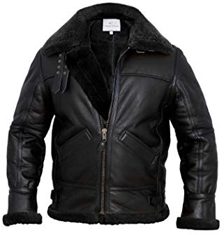 MARCO ENZOLANI Men B3 Bomber Jacket Aviator Real Shearling B3 Bomber Sheepskin Jacket Winter Black (Black, xl)