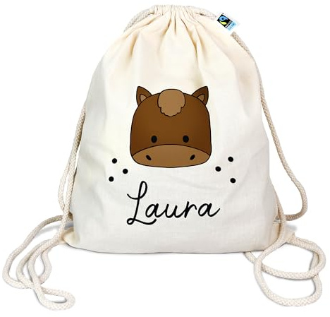 Manilu Bio Turnbeutel mit Namen personalisiert & Bedruckt | Motiv Pferd | Stoffbeutel Schuhbeutel Sportbeutel Wäschebeutel Rucksack für Kinder Jungs & Mädchen | inkl. NAMENSDRUCK